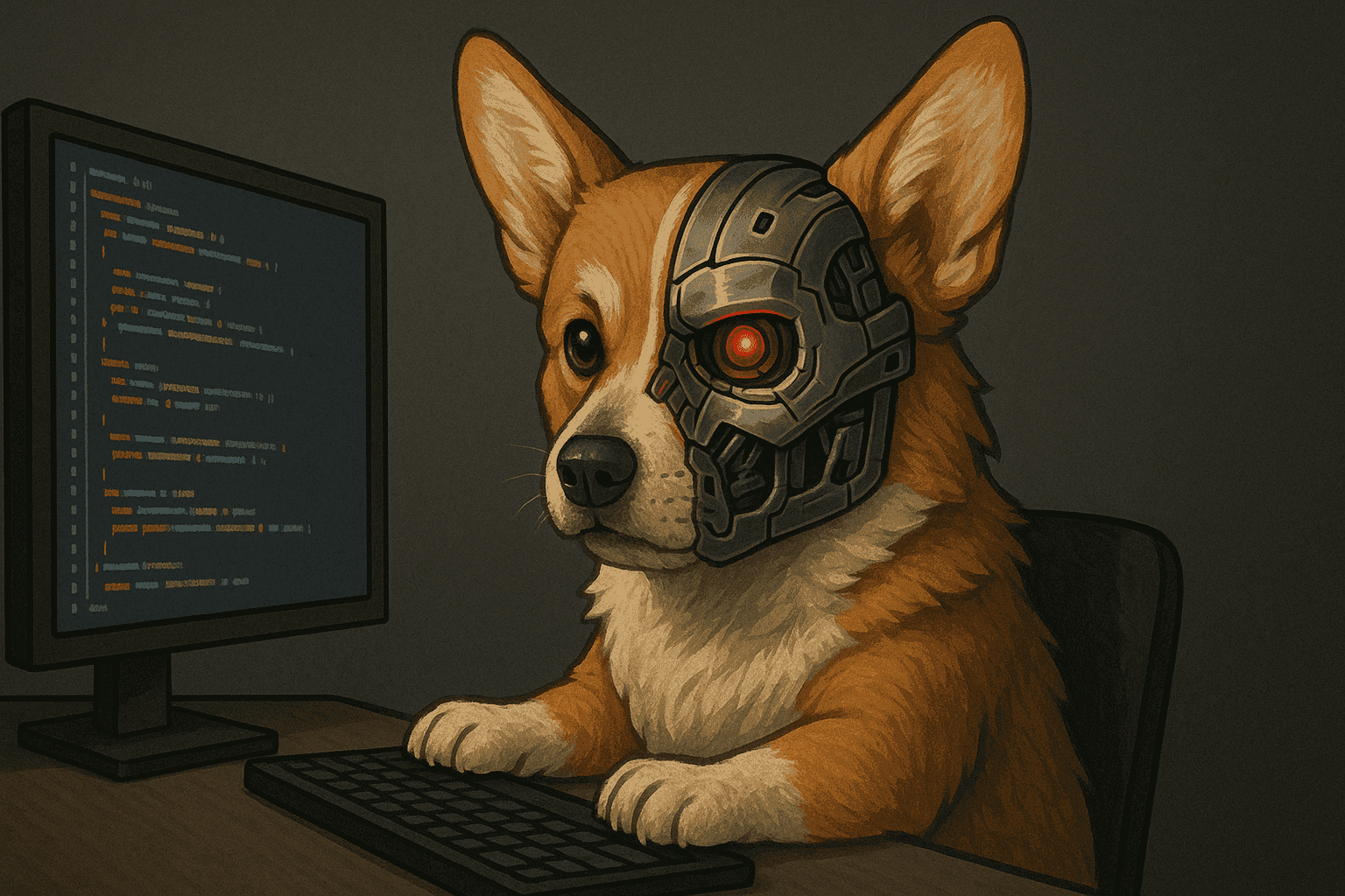 Corgi with a red Terminator eye sitting in front of a computer.